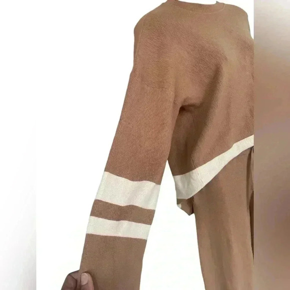 Polagram KNIT STRIPE LONG SLEEVE TOP AND PANTS SET tan cream wide leg oversized - Picture 4 of 9